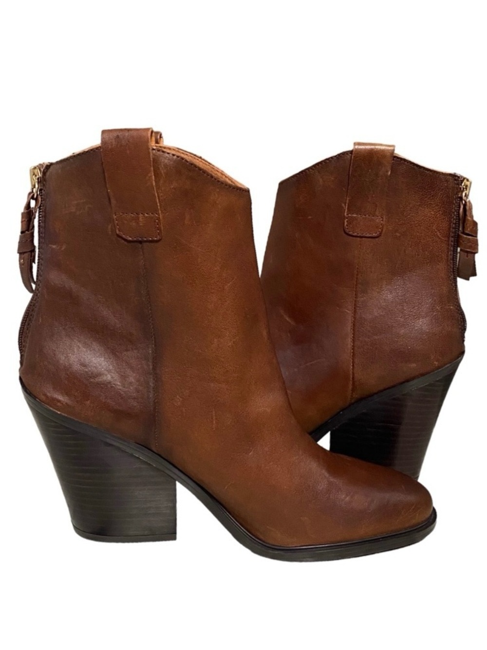 Sarto Germaine Brown Distressed Boots Leather Back Zip Cowgirl Western Boots